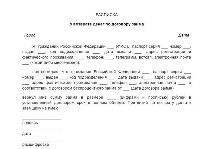 образец документа, подтверждающего возврат задолженности