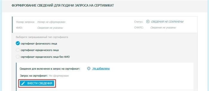 Информация, необходимая для включения в заявку на получение сертификата